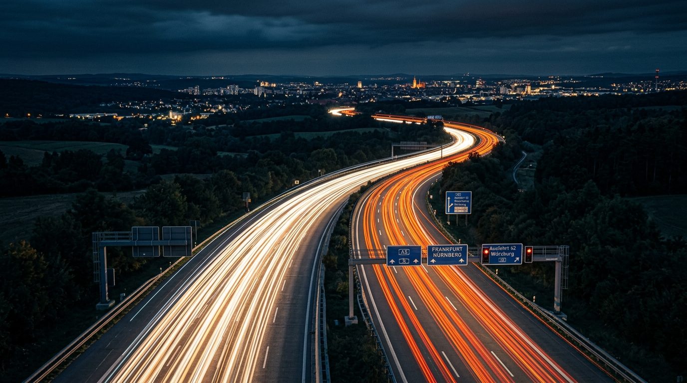 Autobahn bei Nacht mit Lichtspuren